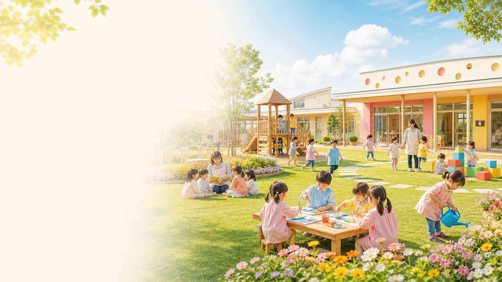 園庭で遊ぶ子どもたちと明るい園舎